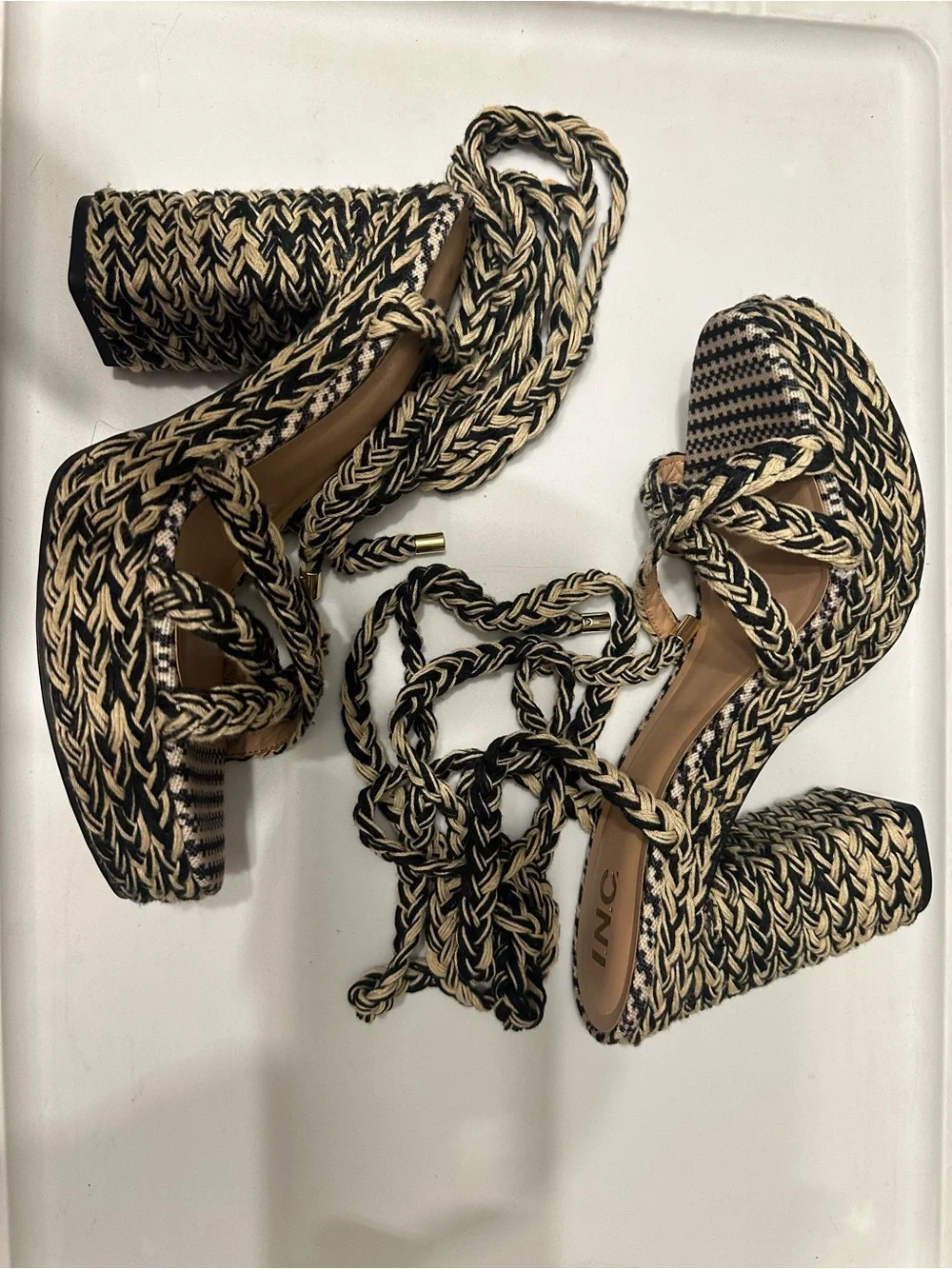 INC Braided Platform Ankle-Tie High Heel Sandal in Black & Beige